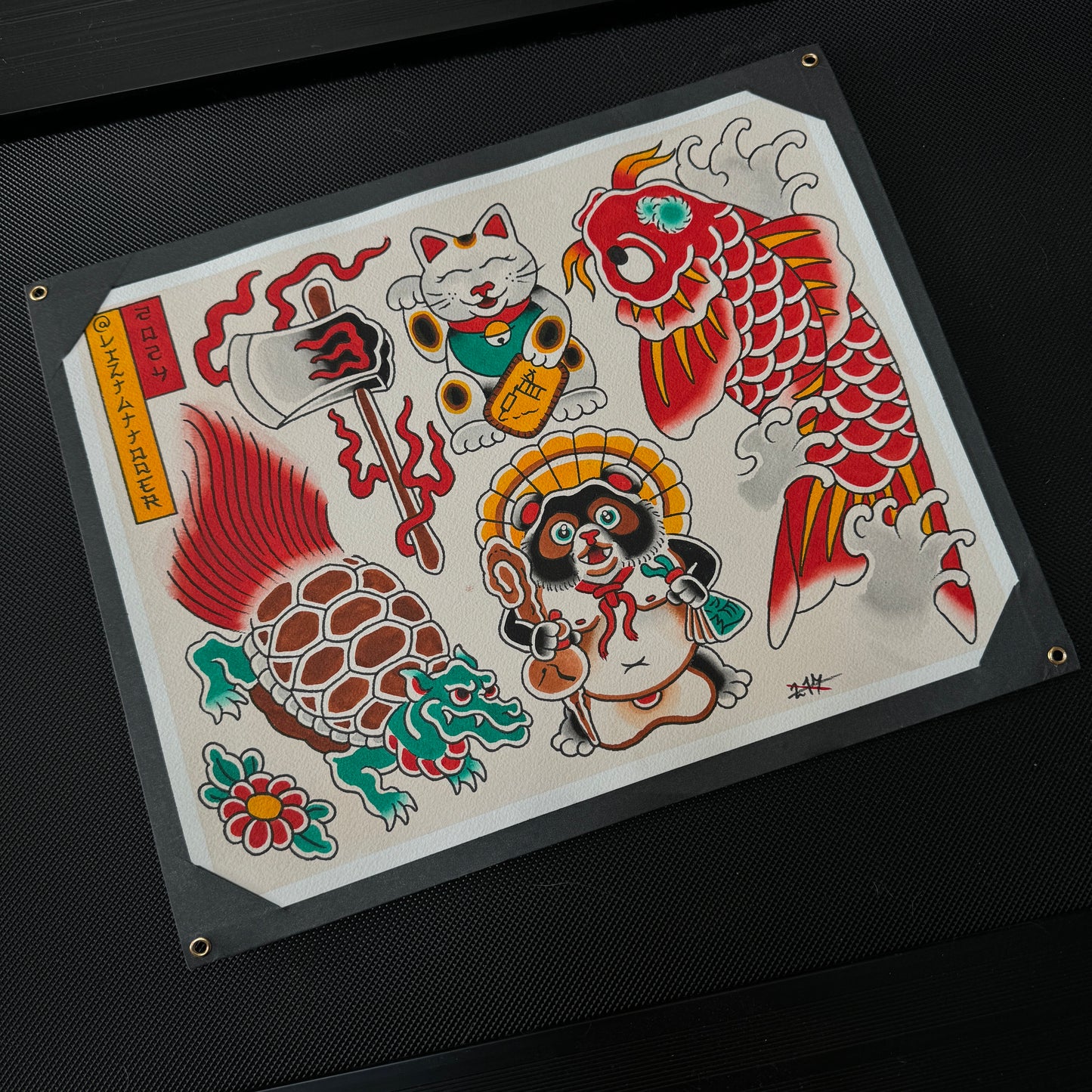 Koi & Tanuki Tattoo Flash Sheet - Print