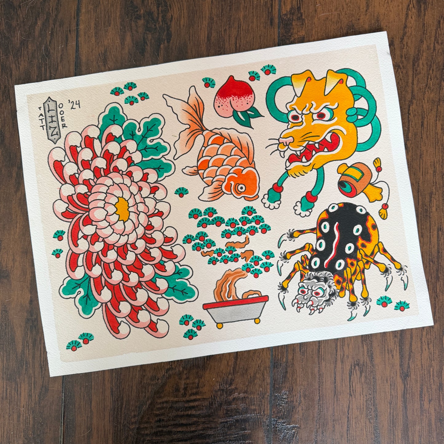 ORIGINAL - Chrysanthemum Spider Tattoo Flash Sheet