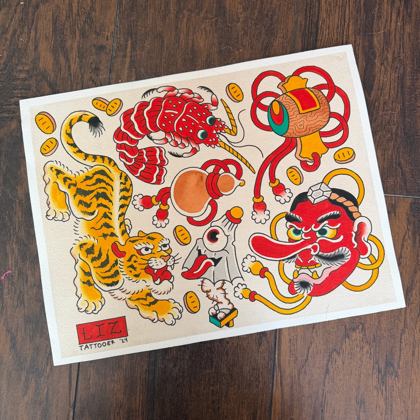 ORIGINAL - Tiger and Tengu Tattoo Flash Sheet