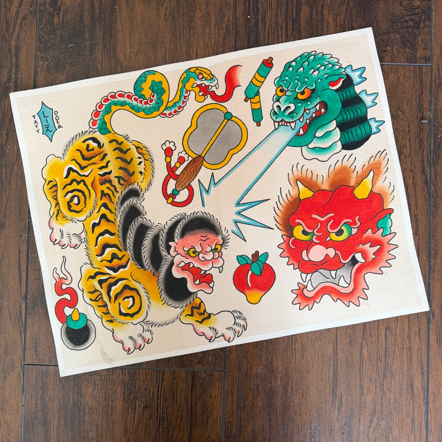 ORIGINAL - Nue and Godzilla Tattoo Flash Sheet