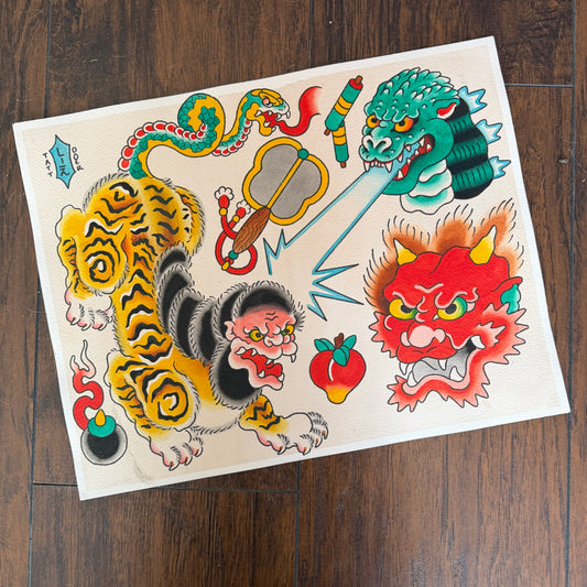 ORIGINAL - Nue and Godzilla Tattoo Flash Sheet