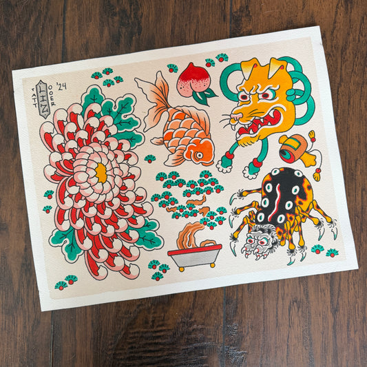 ORIGINAL - Chrysanthemum Spider Tattoo Flash Sheet