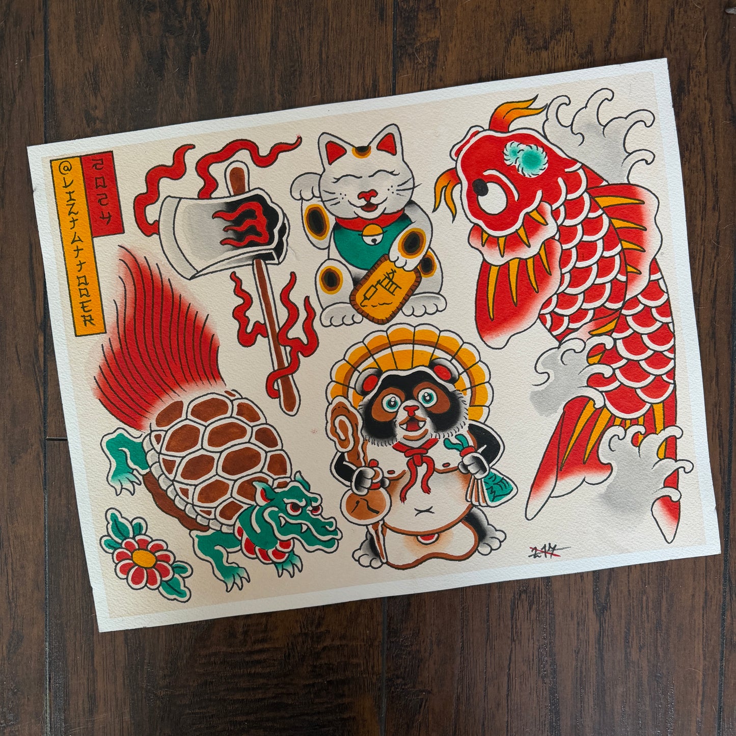 ORIGINAL - Koi & Tanuki Traditional Tattoo Flash Sheet
