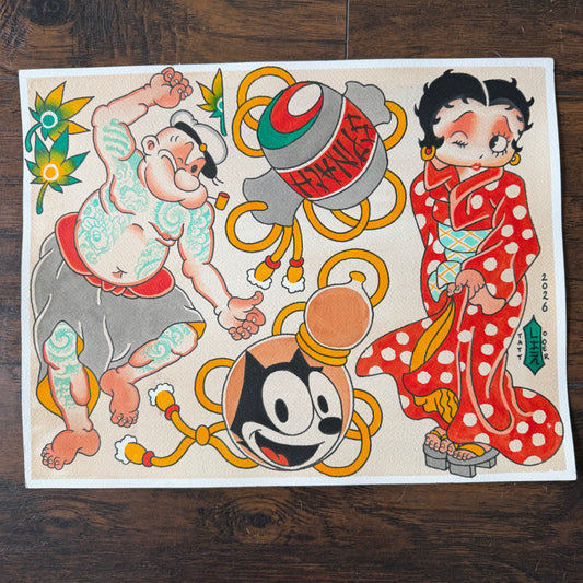 PRINT - Popeye and Betty Boop Japanese Tattoo Flash Sheet